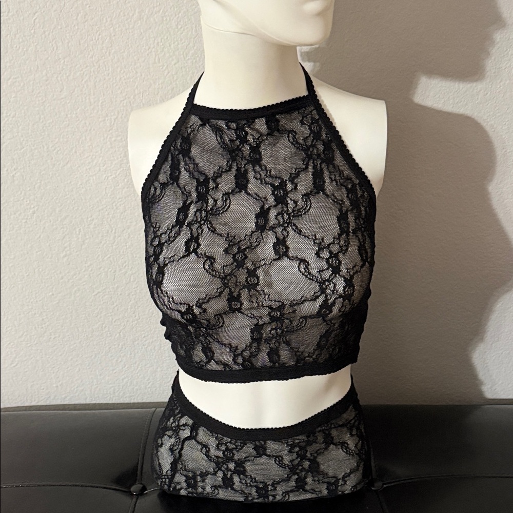 Sheer Black Lace Halter Crop Top  and skirt - Women Intimates